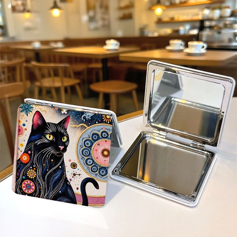 Double-Sided Portable Folding Small Mirror with Black Cat Design